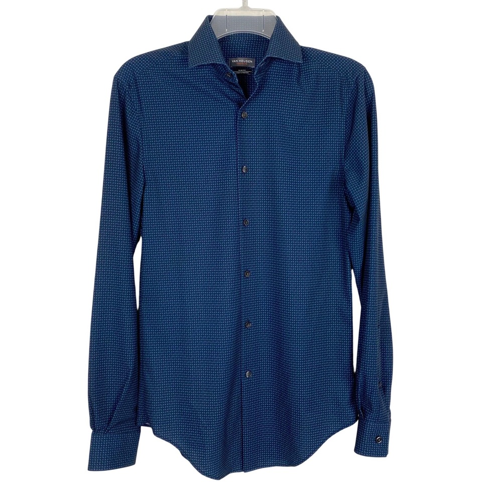 Van Heusen Traveler Slim Fit 4-Way Stretch Dress Shirt Mens XS Navy Blue Print